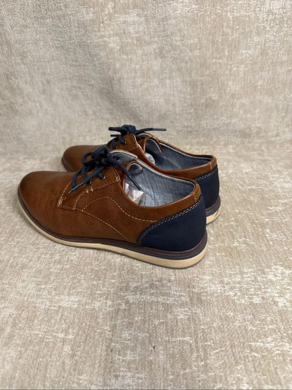Max + Jake Boys Faux Leather Oliver Oxford Dress Shoes Cognac Brown Navy Size 6M